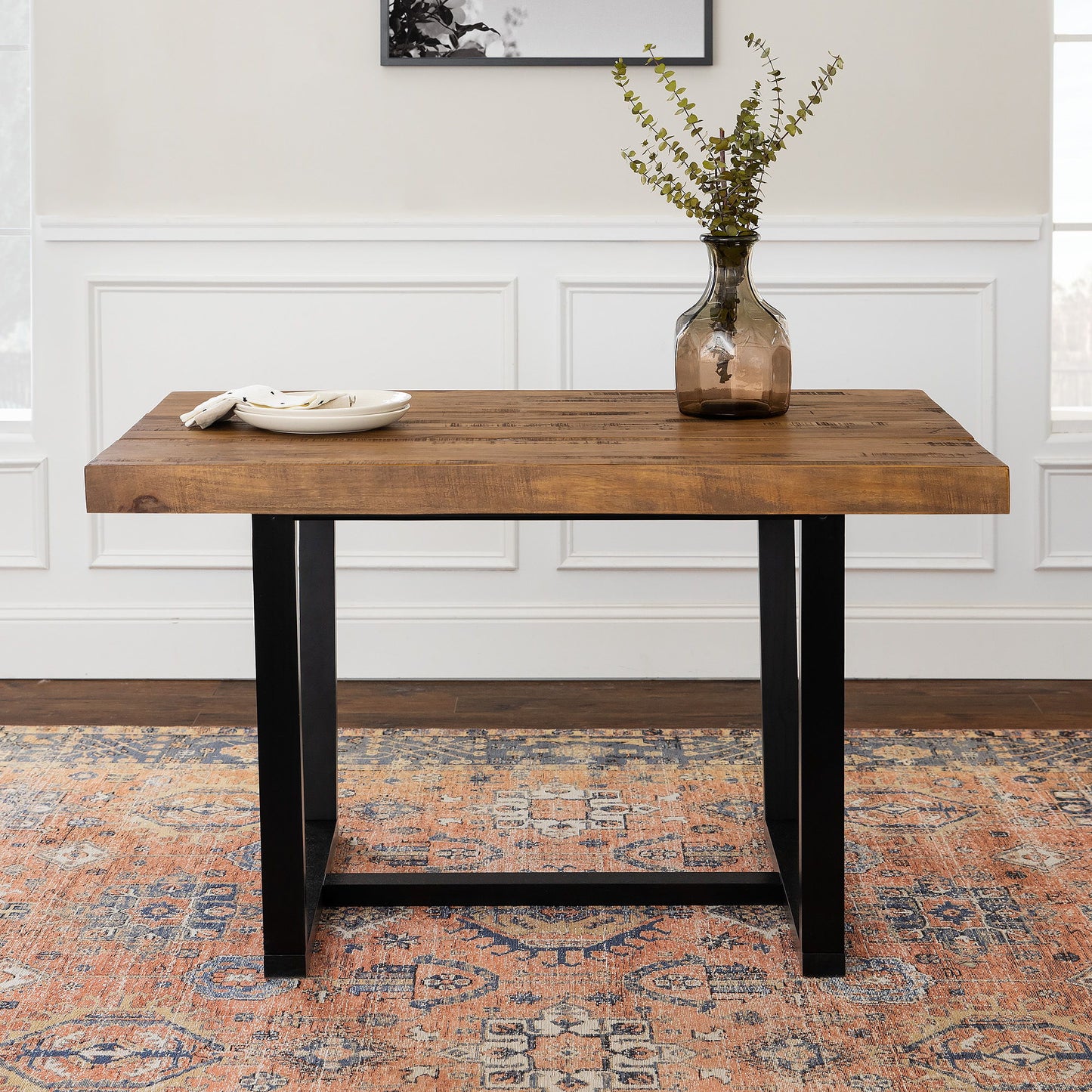 Rustic Metal And Solid Distressed Dining Table - Rustic Oak