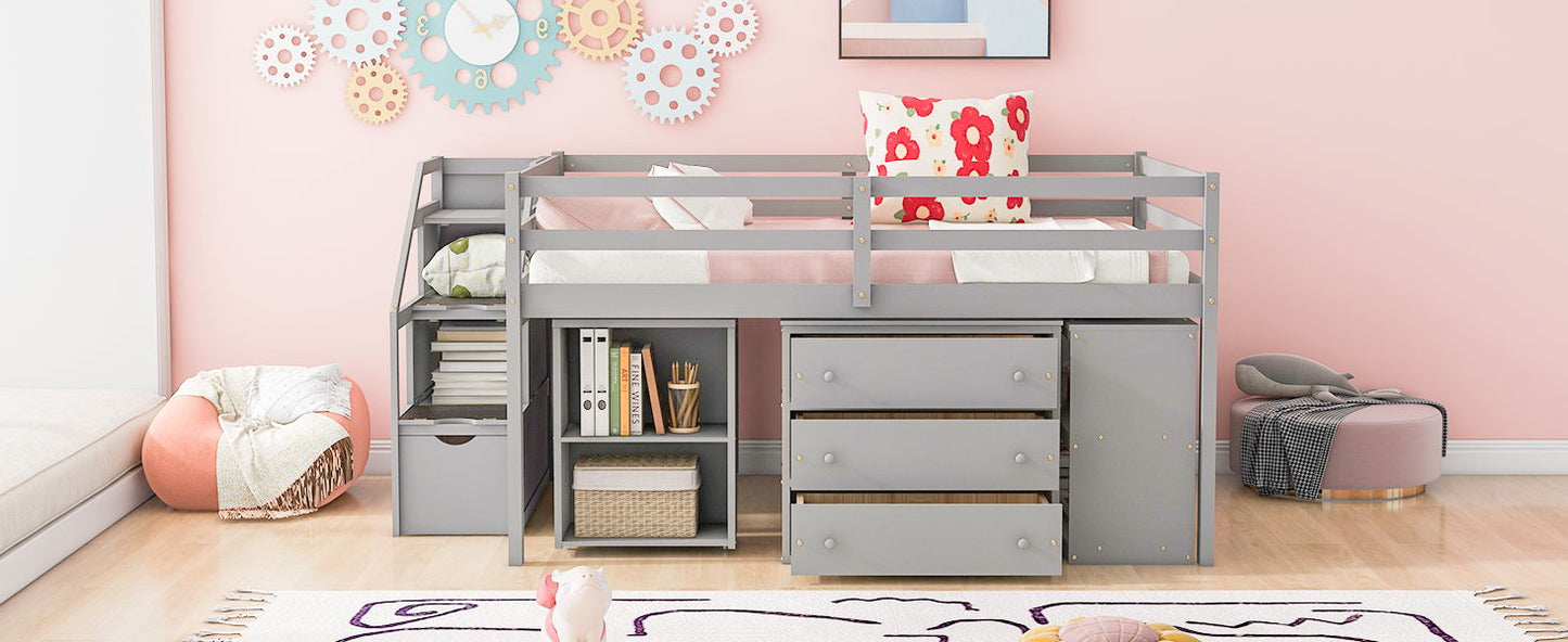 Full Size Loft Bed With Retractable Writing Desk And 3 Drawers With Storage Stairs And Shelves - Gray