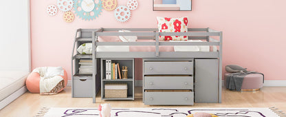 Full Size Loft Bed With Retractable Writing Desk And 3 Drawers With Storage Stairs And Shelves - Gray