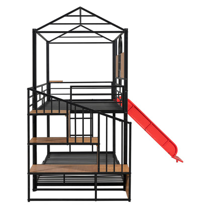 Twin Over Twin Bunk Bed, Housebed With Slide And Storage Stair - Black / Red
