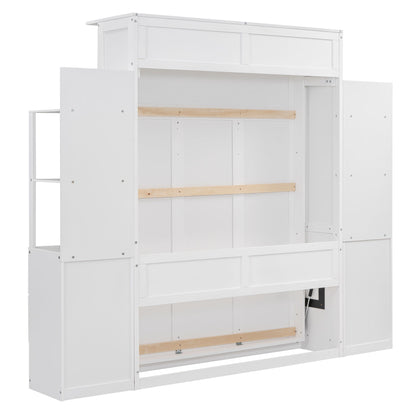 Full Size Murphy Wall Bed With Shelves, Drawers And LED Lights - White