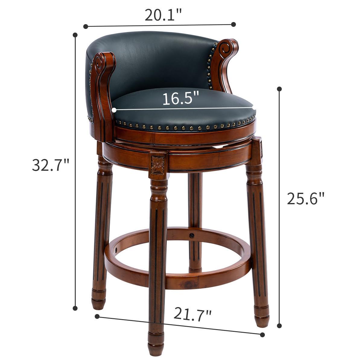 Seat Height 26'' Cow Top Leather Wooden Bar Stool, 360 Degree Swivel Bar Height Chair With Backs For Home Kitchen Counter - Blue