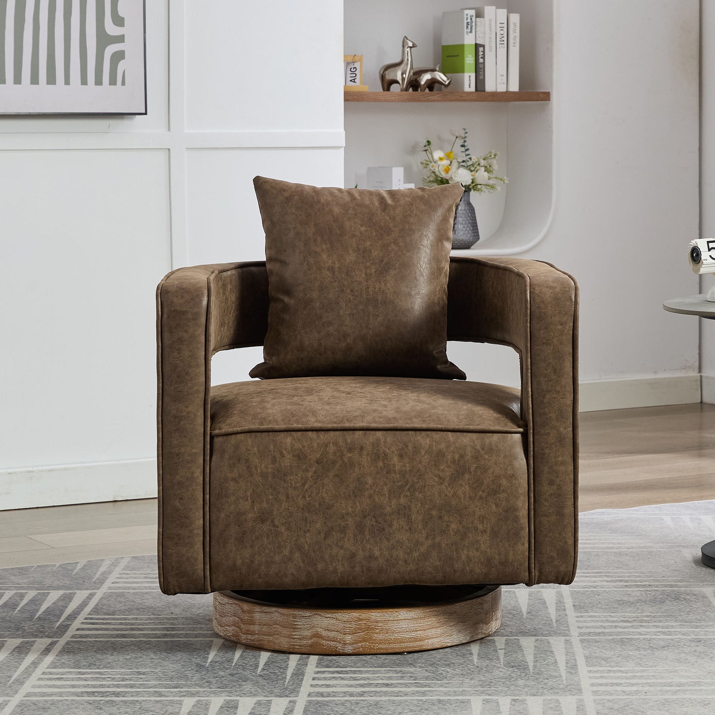 Swivel Accent Open Back Barrel Chair Modern Comfy Sofa Chair With Weathered Base For Living Room, Club Chair Leisure Arm Chair For Lounge - Coffee