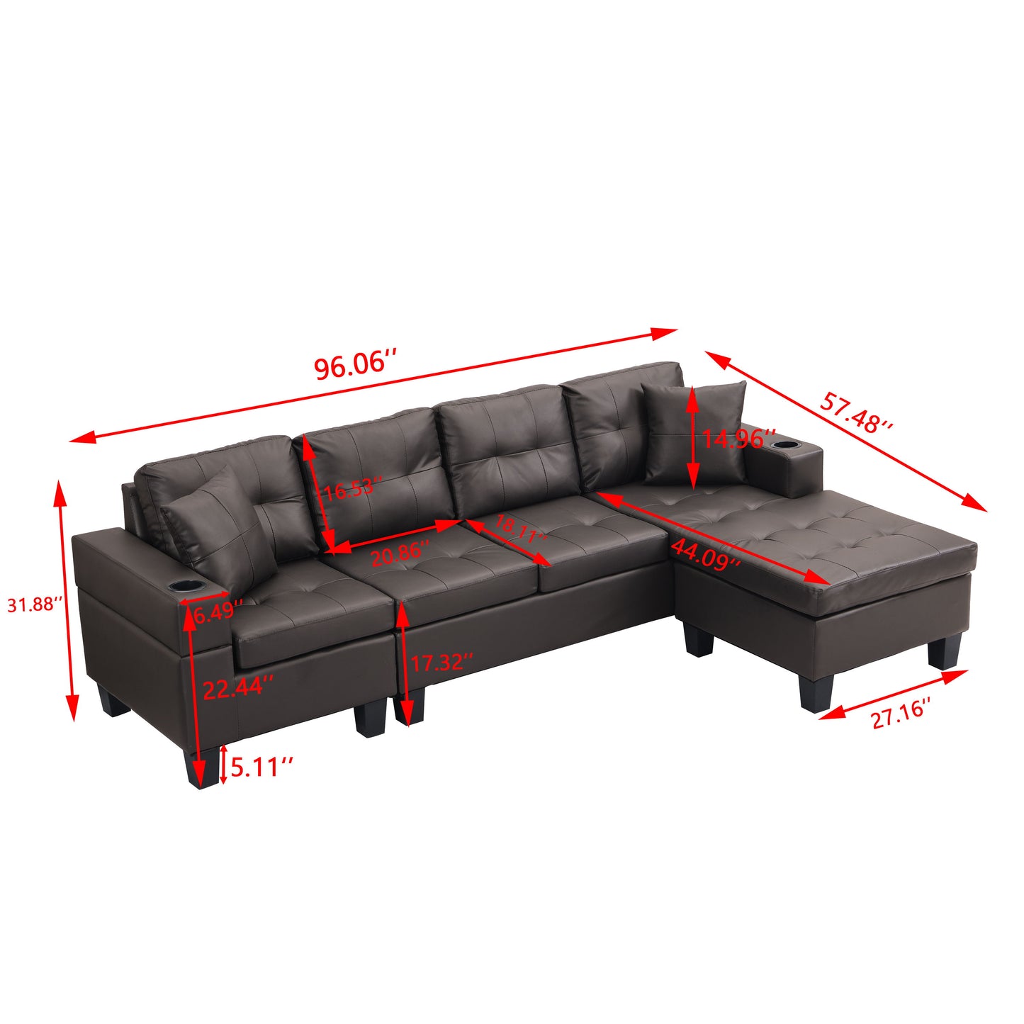 Modern Sectional Sofa Set With L Shape Chaise Lounge And Cup Holder - Chocolate Brown