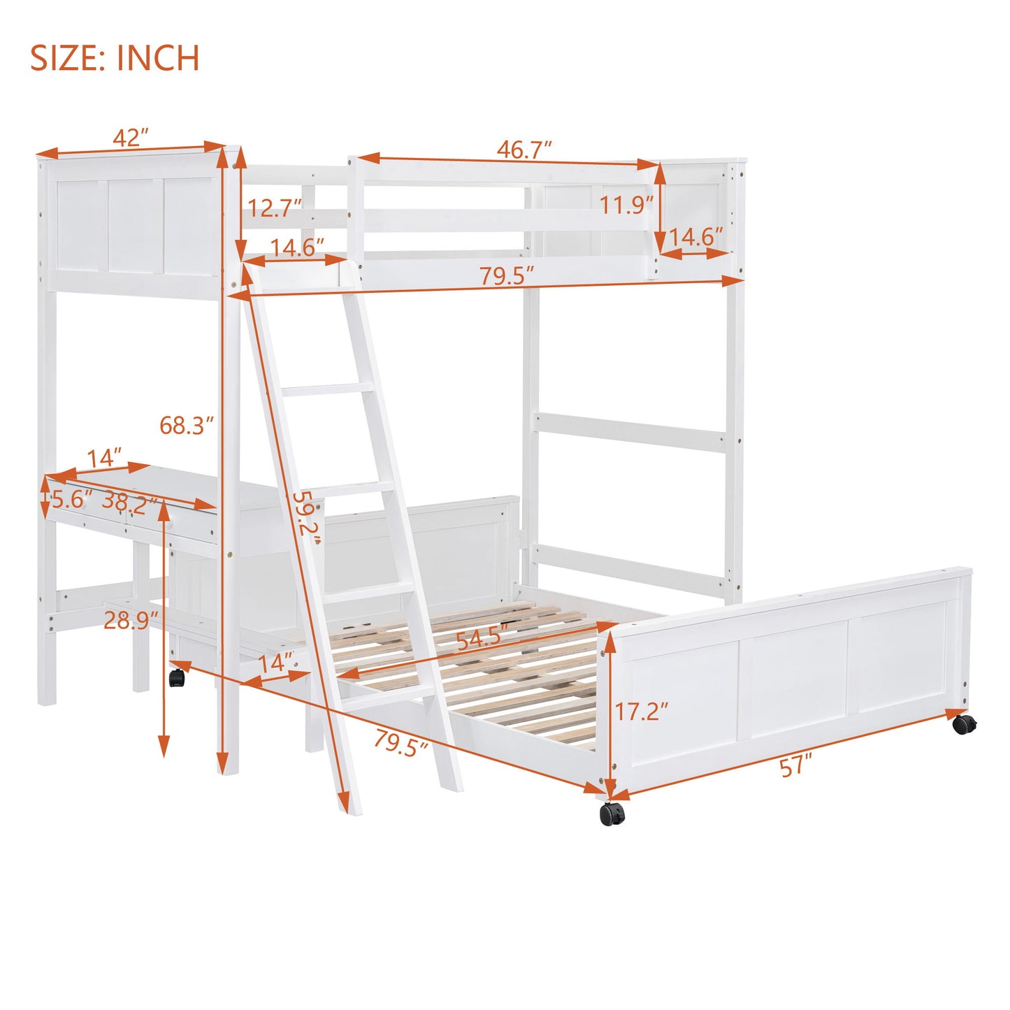Twin Over Full Bunk Bed With Desk - White