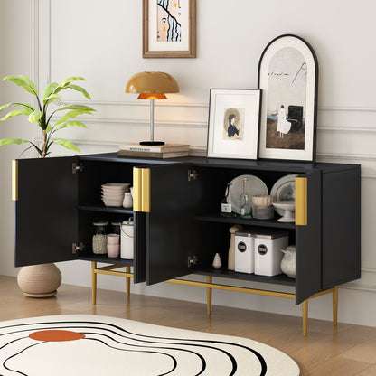Modern Elegant 4 Door Sideboard Gold Metal Handle Buffet Cabinet For Dining Room, Living Room, Bedroom, Hallway - Black