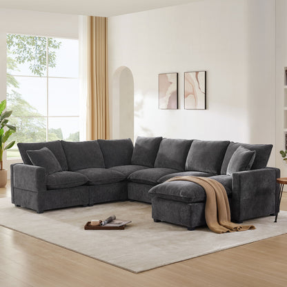 Modern U-Shape Modular Sofa, 7 Seat Chenille Sectional Couch Set With 2 Pillows Included, Freely Combinable Indoor Funiture - Black / Gray