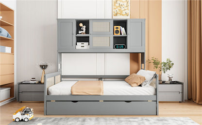 Full Size Wooden Daybed & Twin Size Trundle, And All In One Cabinet And Shelf - Gray