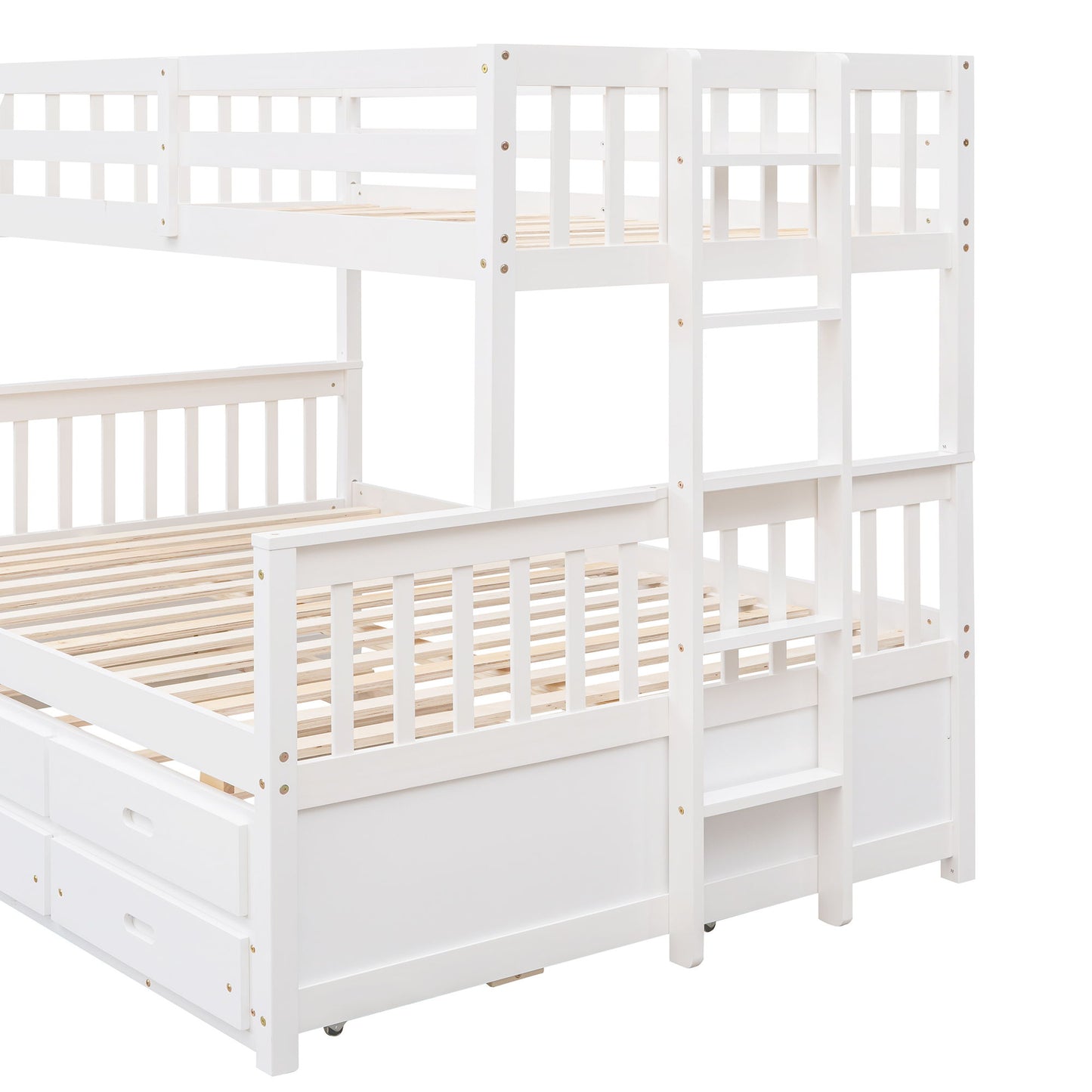 Twin Over Full Bunk Bed With Twin Size Trundle, With Drawers For Bedroom - White