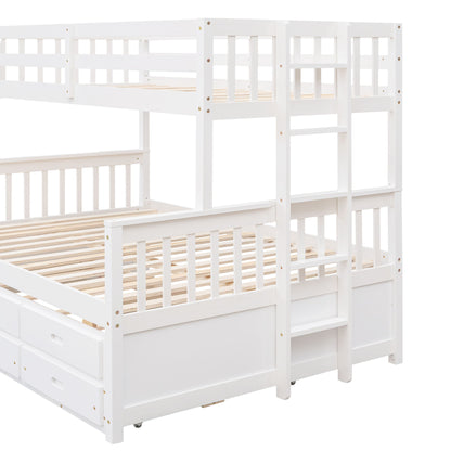 Twin Over Full Bunk Bed With Twin Size Trundle, With Drawers For Bedroom - White