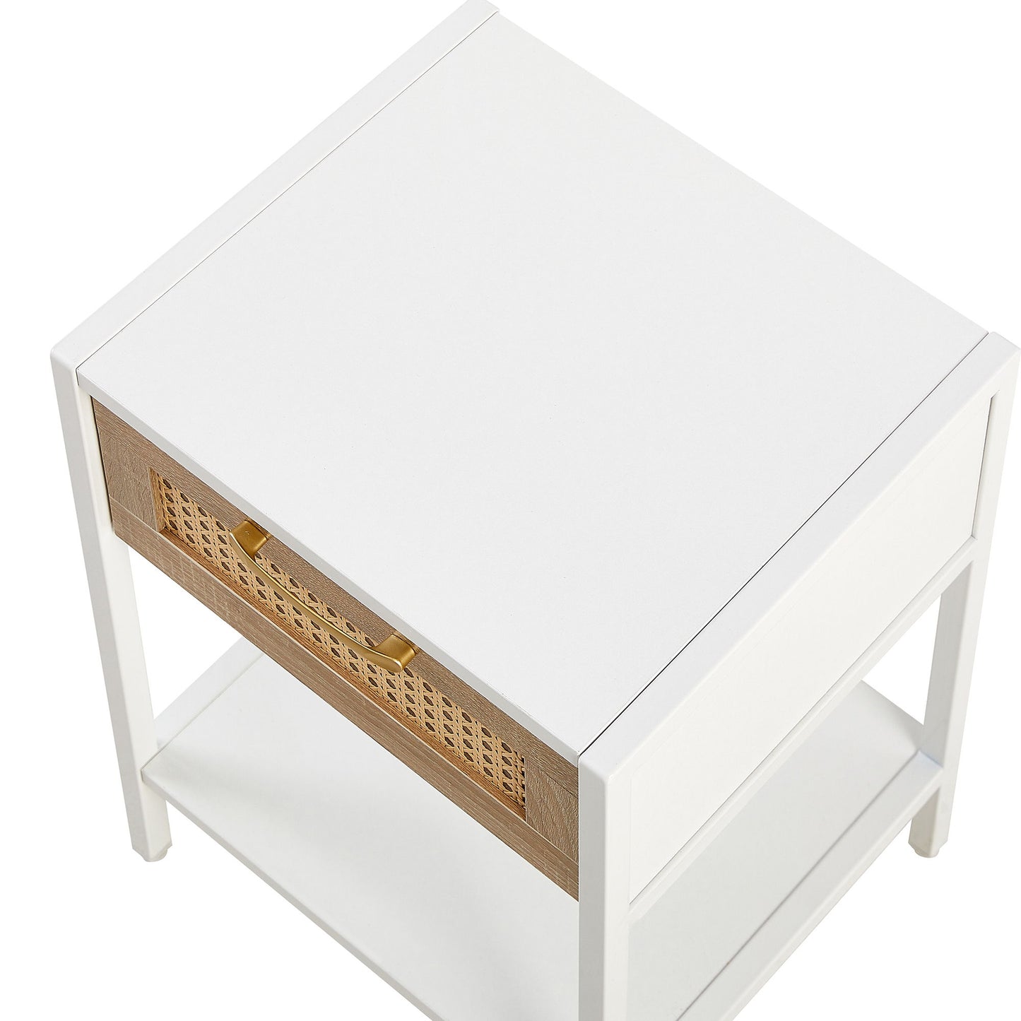 15.74" Rattan End Table With Drawer, Modern Nightstand, Metal Legs, Side Table For Living Room, Bedroom - White
