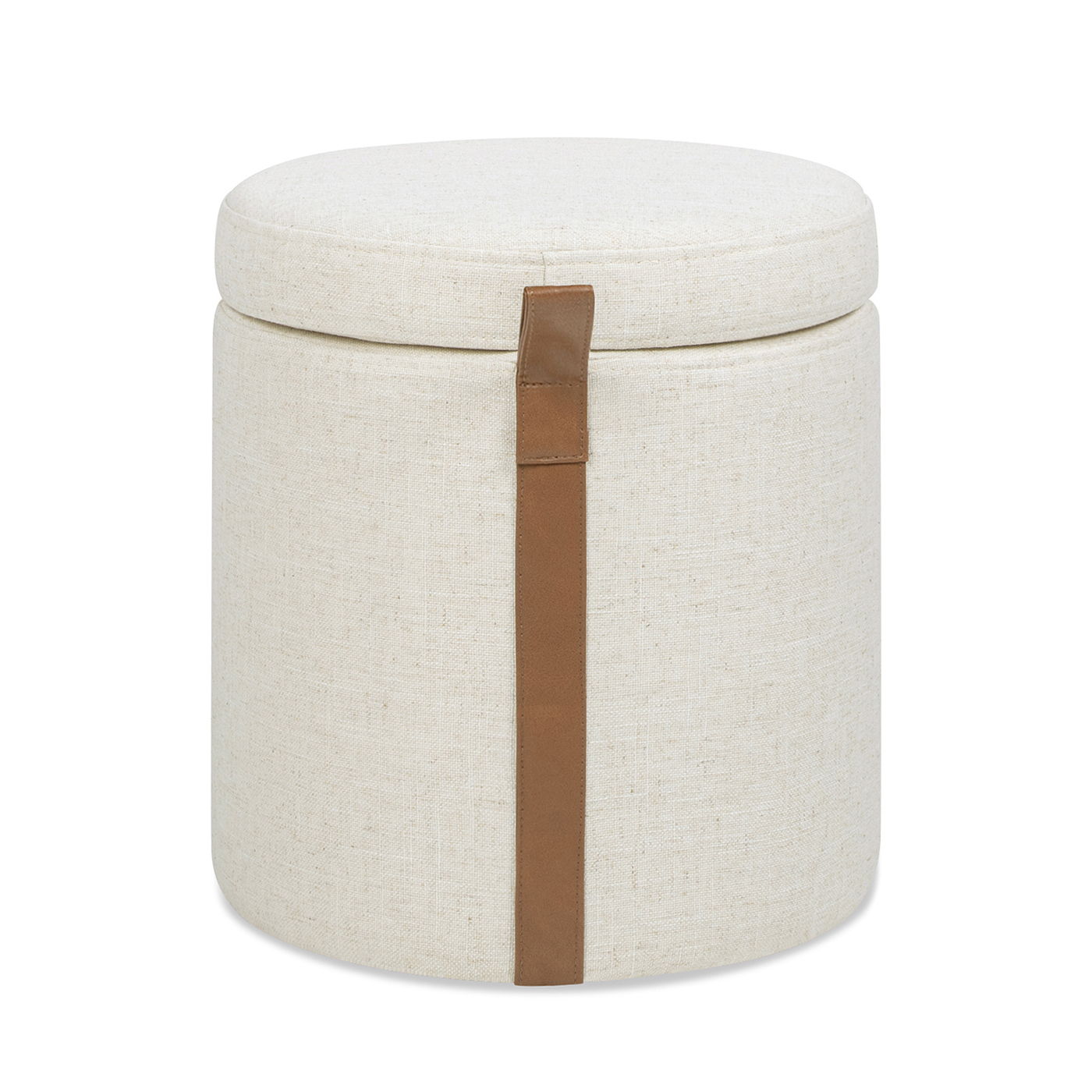 Brandy - Round Upholstered Storage Ottoman With Leather Accent - Flax White