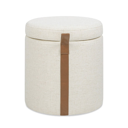 Brandy - Round Upholstered Storage Ottoman With Leather Accent - Flax White