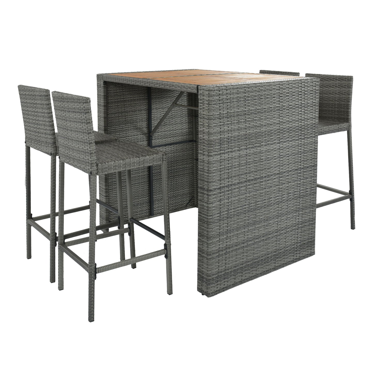 5 Pieces Outdoor Patio Wicker Bar Set, Bar Height Chairs With Non-Slip Feet And Fixed Rope, Removable Cushion, Acacia Wood Table Top - Brown / Gray