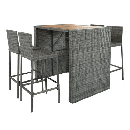 5 Pieces Outdoor Patio Wicker Bar Set, Bar Height Chairs With Non-Slip Feet And Fixed Rope, Removable Cushion, Acacia Wood Table Top - Brown / Gray