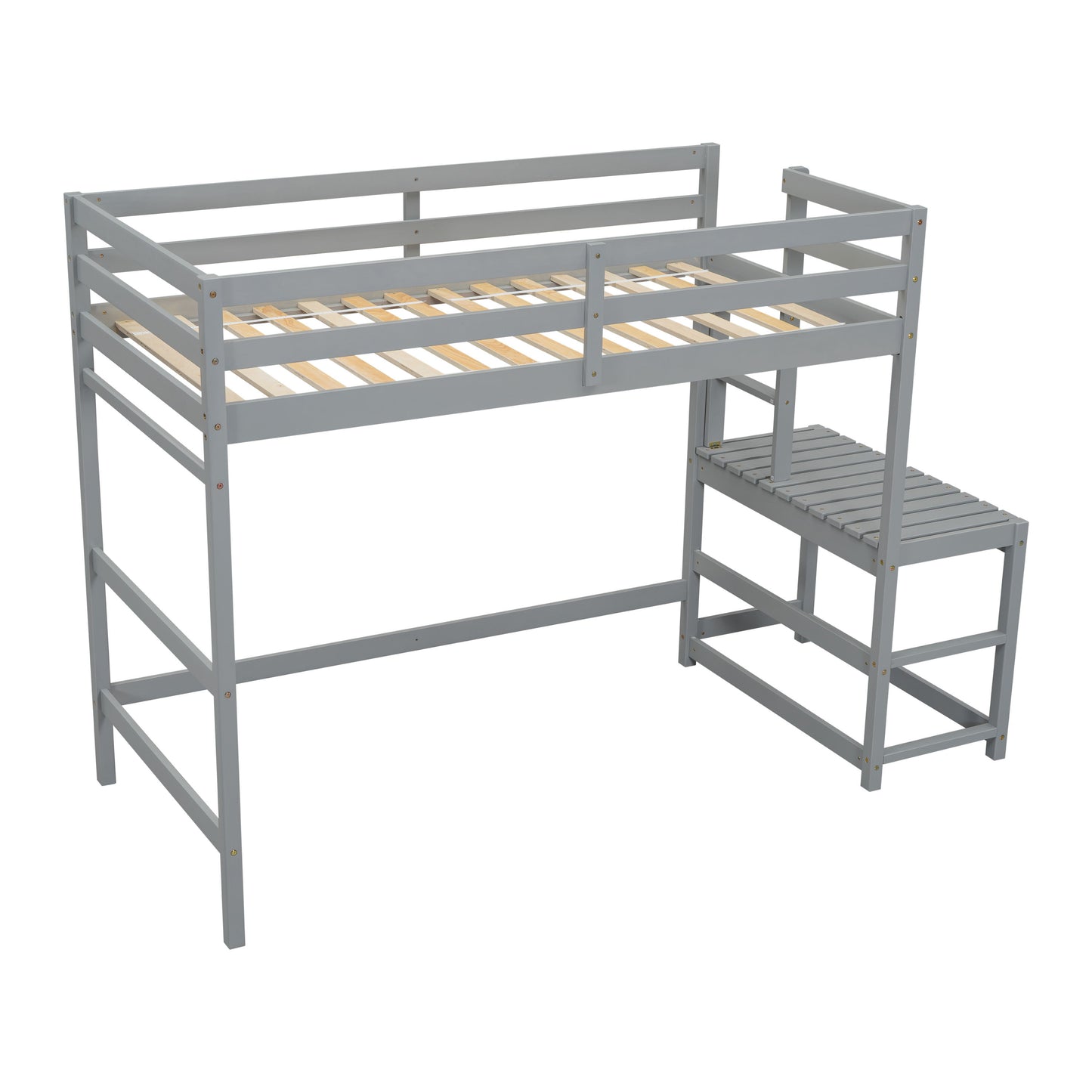 Twin Size High Loft Bed With Ladder Landing Platform, Ladders, Guardrails - Gray