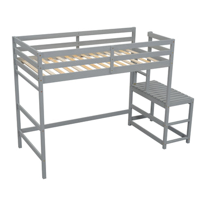 Twin Size High Loft Bed With Ladder Landing Platform, Ladders, Guardrails - Gray