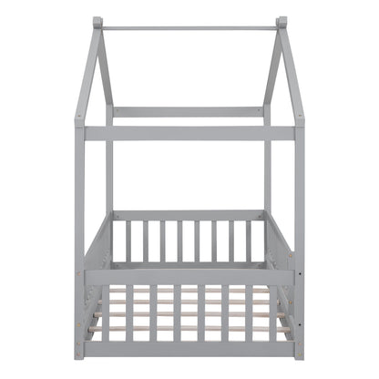 Twin Size Bed House Bed Frame With Fence - Gray