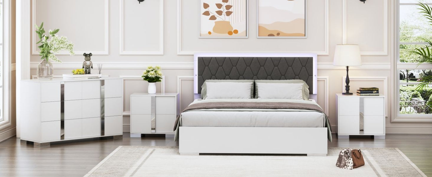 4 Piece Bedroom Sets Queen Size Upholstered Bed With LED Lights, Mirrored Nightstands And Dresser With Metal Handles And Legs - White