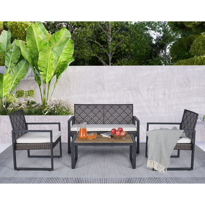 Modern 4 Piece Patio Furniture Set With Acacia Wood Table Top And Beige Cushions - Brown
