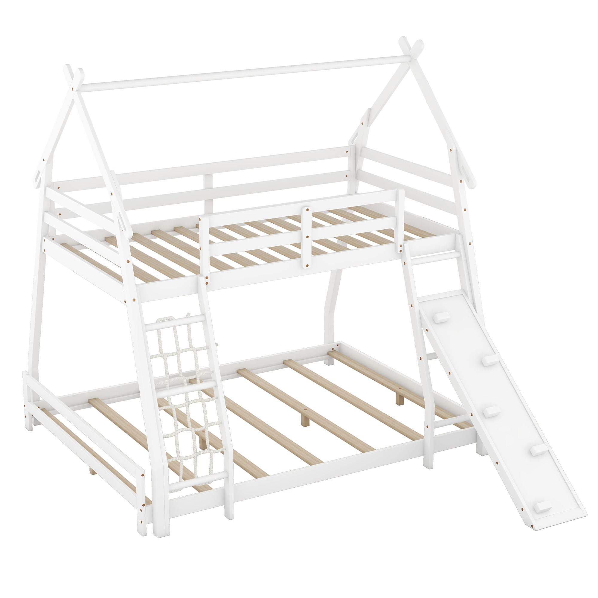 Twin Over Queen House Bunk Bed With Climbing Nets And Climbing Ramp - White