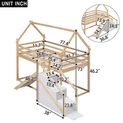 Twin Over Twin House Loft Or Bunk Bed With Slide And Staircase - Natural