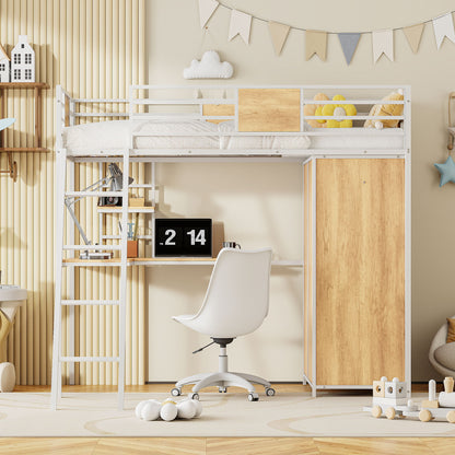 Twin Size Loft Bed With L Shape Desk And Wardrobe - White