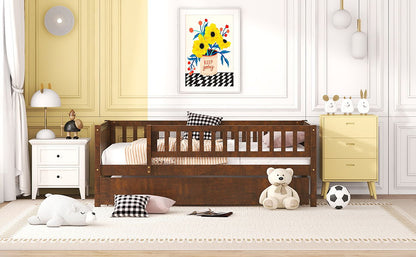Twin Size Daybed With Trundle And Fence Guardrails - Walnut