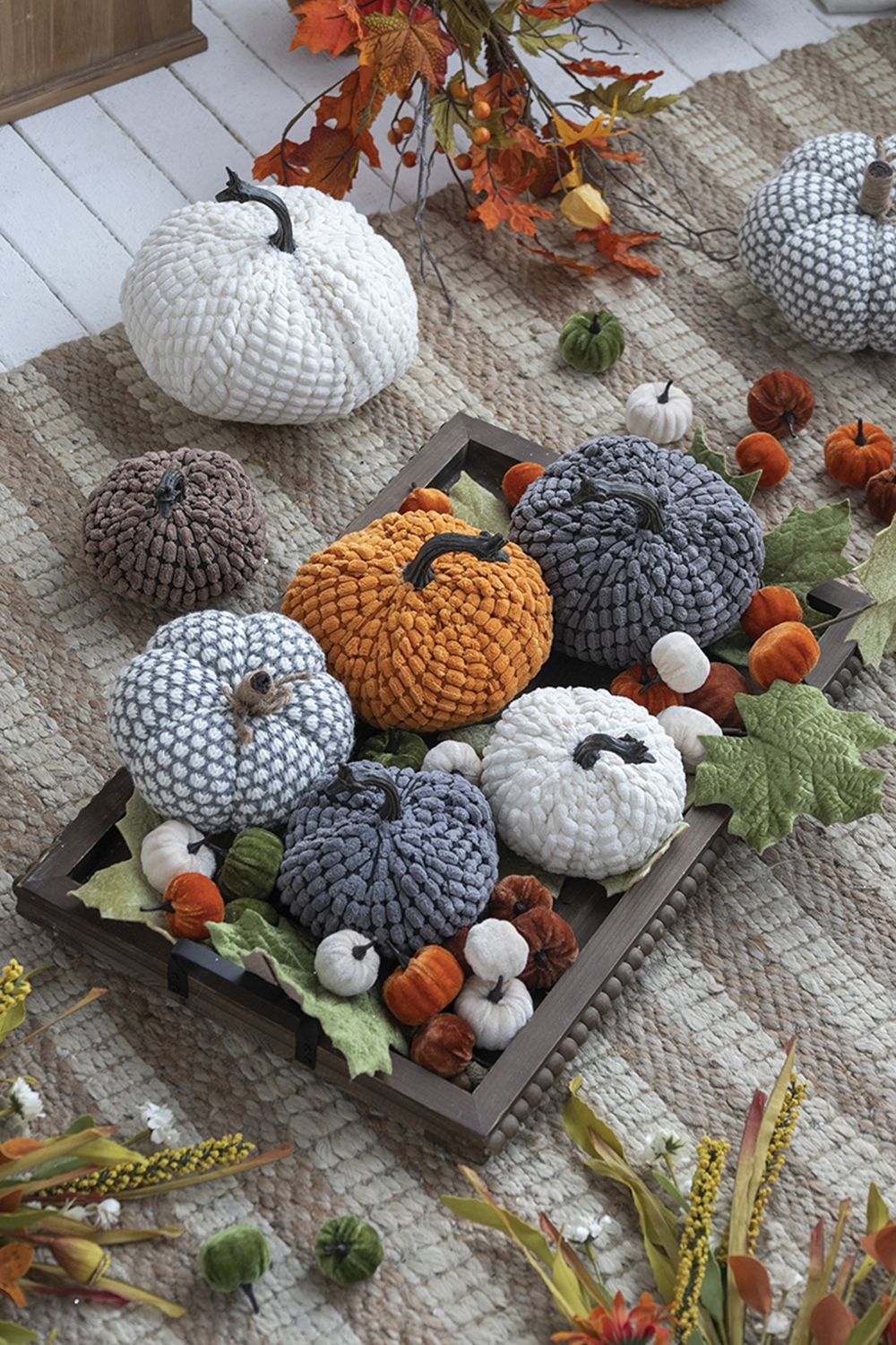 Chenille Weighted Pumpkin Ornament Decor For Holiday Harvest Festival Fall Festival & Thanksgiving (Set of 2) - Gray