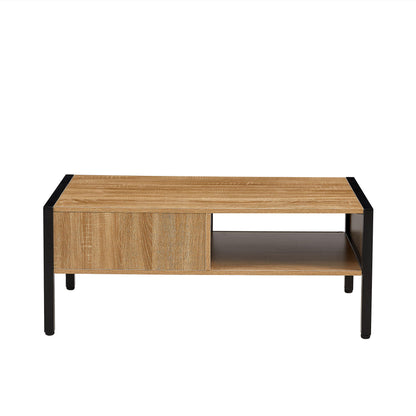 40.16" Rattan Coffee Table, Sliding Door For Storage, Metal Legs, Modern Table For Living Room - Natural