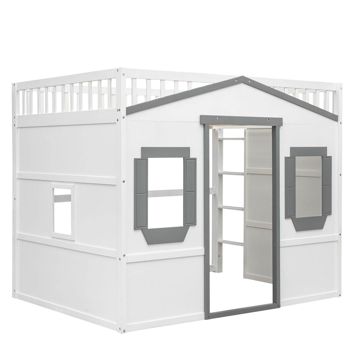 Full Size House Loft Bed With Ladder - White / Gray
