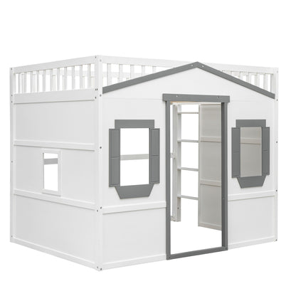 Full Size House Loft Bed With Ladder - White / Gray
