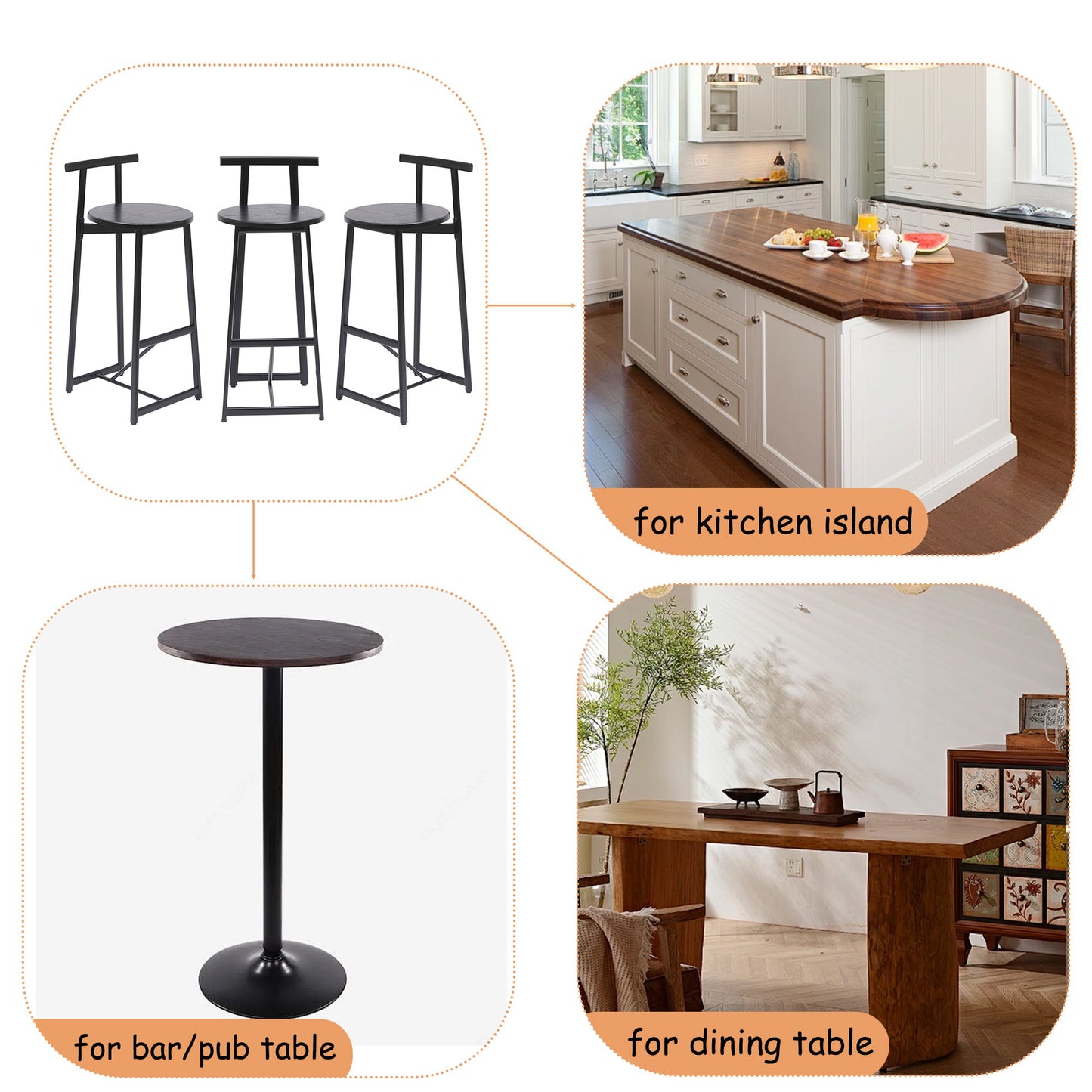 Modern Kitchen Bar Stools (Set of 3) With Footrest - Black