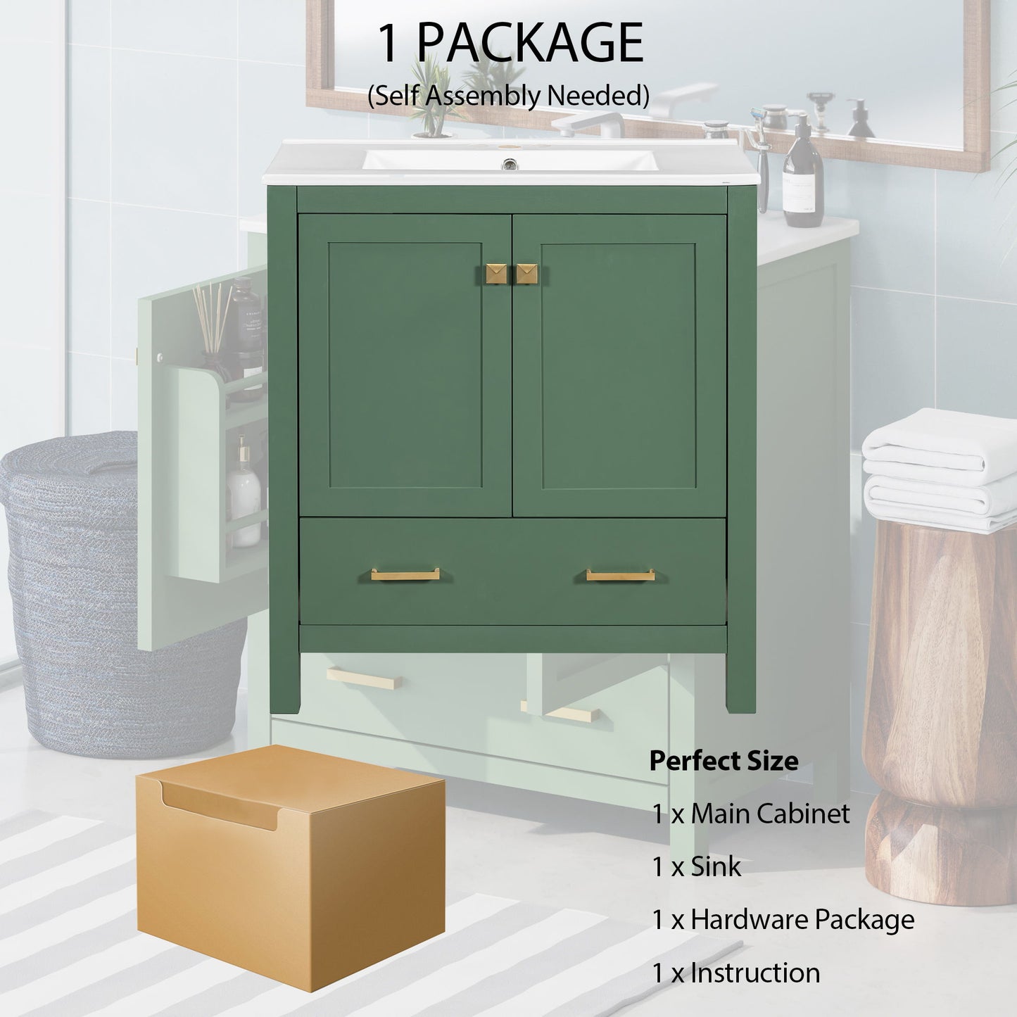 Bathroom Vanity With Single Sink, Combination Under Counter Sink, Bathroom Storage Cabinet With 2 Doors And A Drawer, Soft Closure, Multifunctional Storage - Green