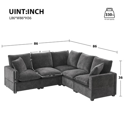 Modern L Shape Modular Sofa, 5 Seat Chenille Sectional Couch Set With 2 Pillows Included, Freely Combinable Indoor Funiture - Black / Gray