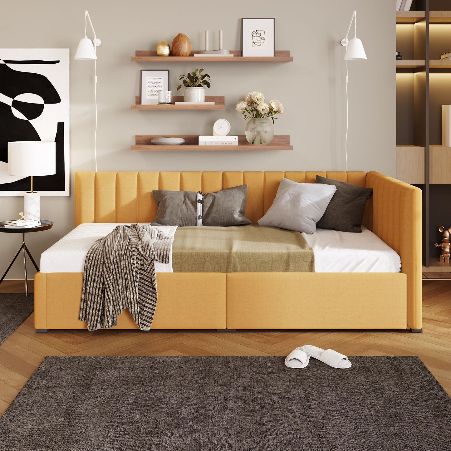 Twin Size Upholstered Daybed With 2 Storage Drawers, Sofa Bed Frame No Box Spring Needed - Yellow