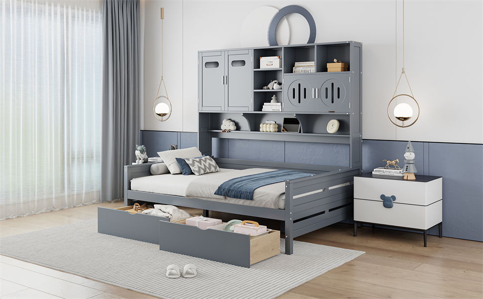 Full Size Daybed With 2 Drawers And All In One Cabinet And Shelf - Gray