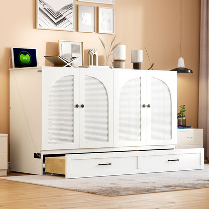 Queen Size Murphy Bed With Large Drawers - White