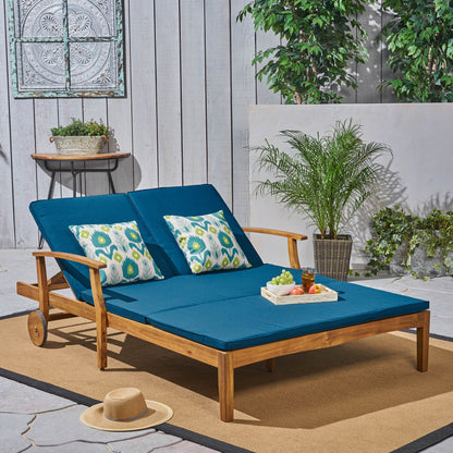 Etherealize - Outdoor Adjustable Double Chaise Lounge With Water Resistant Cushions - Teak / Blue