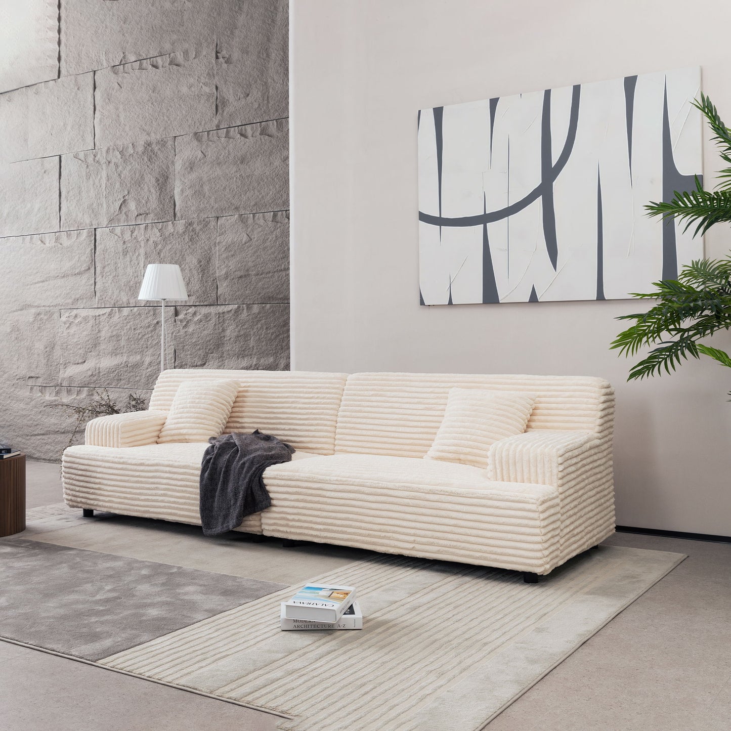 Modern Sofa Comfortable Cloud Sofa Soft Plush Corduroy Interior With Square Armrests - Beige
