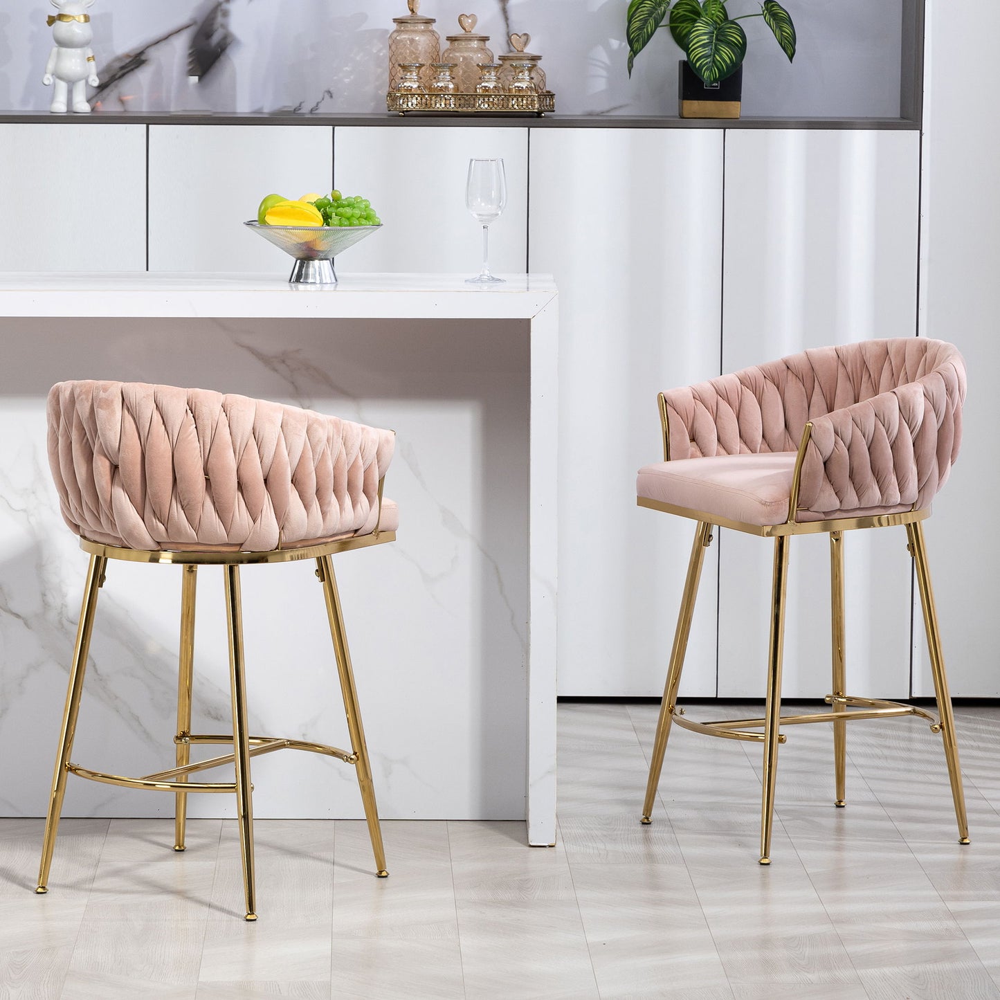 Counter Height Bar Stools Kitchen Island Counter Bar Stool With Hand - Wave Back, Golden Chromed Base And Footrest (Set of 2) - Pink