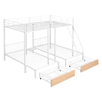 Full Over Twin & Twin Bunk Bed, Triple Bunk Bed With Drawers And Guardrails - White
