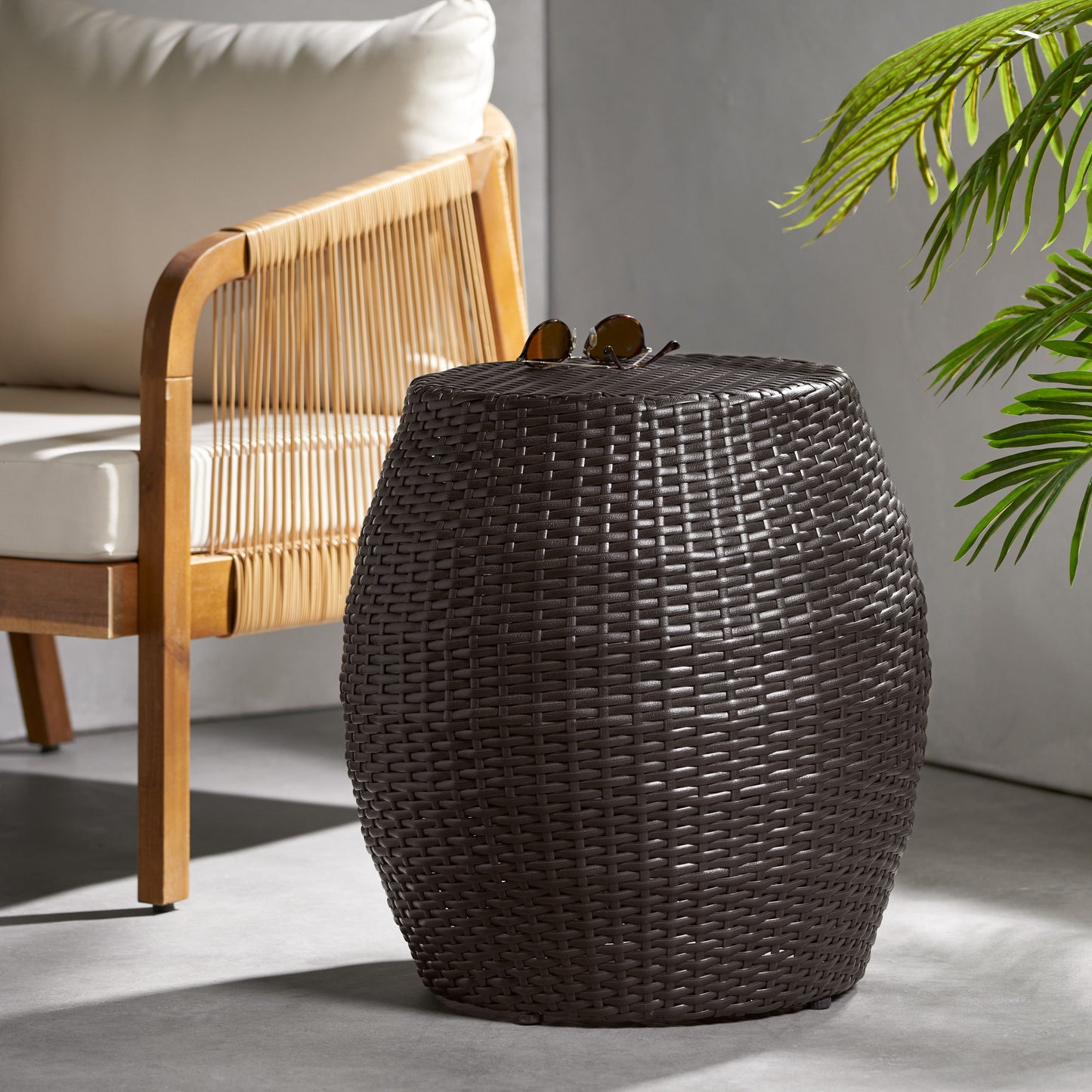 Outdoor Wicker Patio Side Table - Brown Multi