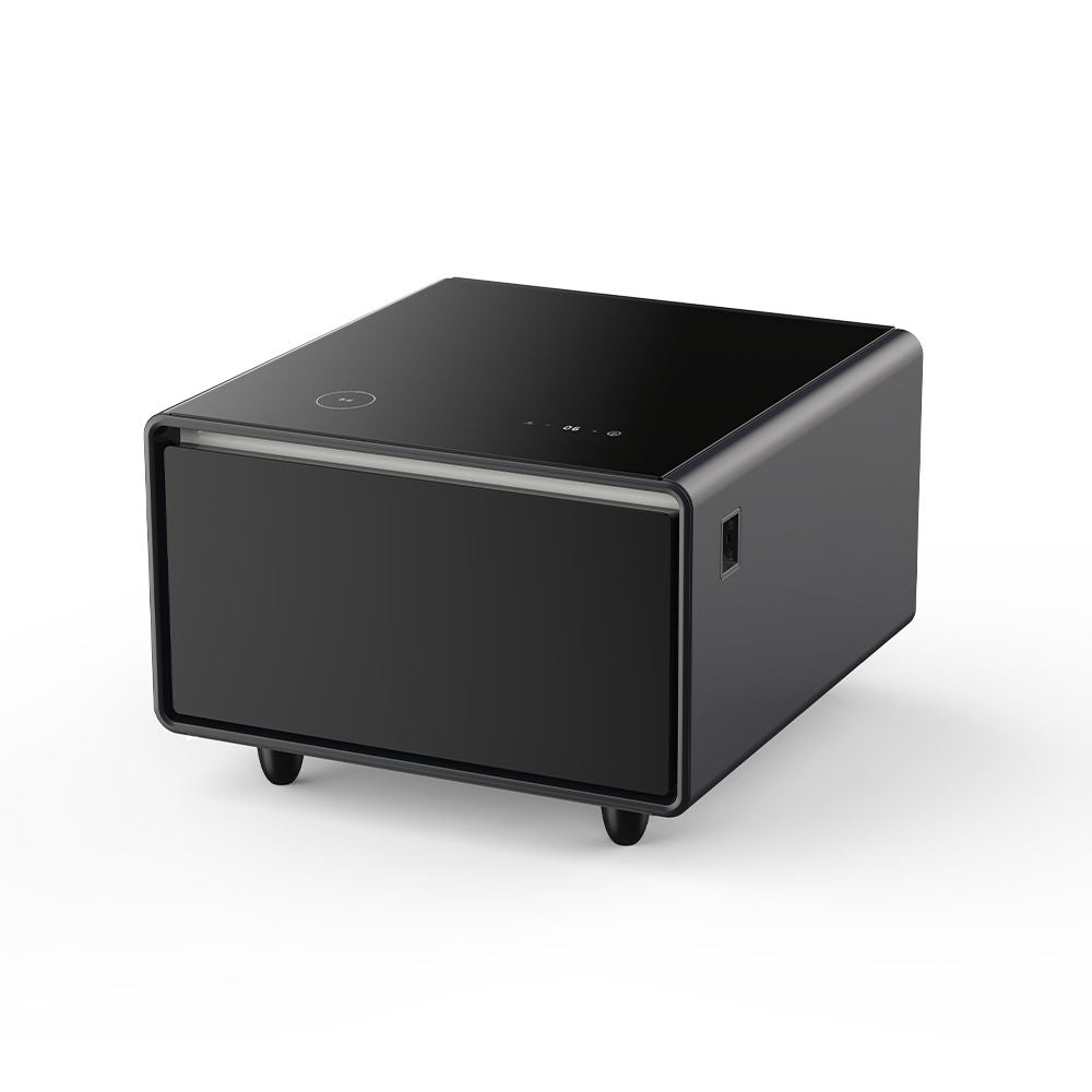 Modern Smart Side Table With Built-In Fridge, Wireless Charging, Temperature Control, Power Socket, USB Ports, Outlet Protection, Induction Light - Black