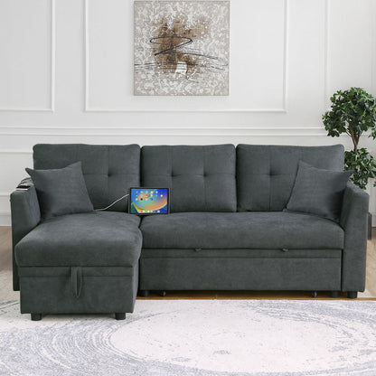 Sectional Sofa Bed L Shaped Sofa Couch Bed With USB Port, Reversible Sofa Couch Sleeper With Pull Out Bed, Chaise With Storage, Pull Out Couch For Living Room - Gray