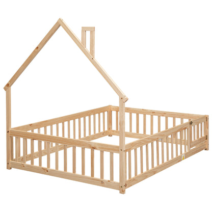 Full House-Shaped Headboard Floor Bed With Fence - Natural