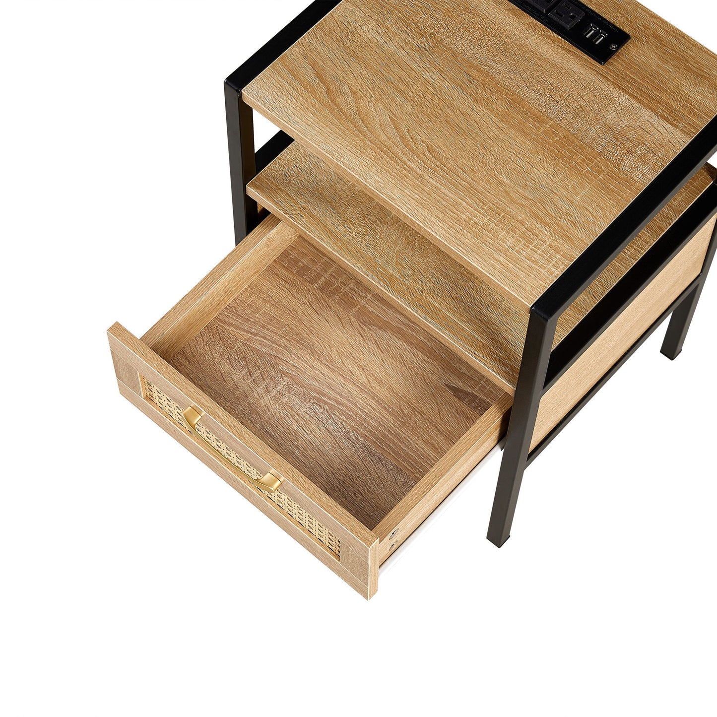 Rattan End Table With Power Outlet & USB Ports, Modern Nightstand With Drawer And Metal Legs, Side Table For Living Room, Bedroom - Natural