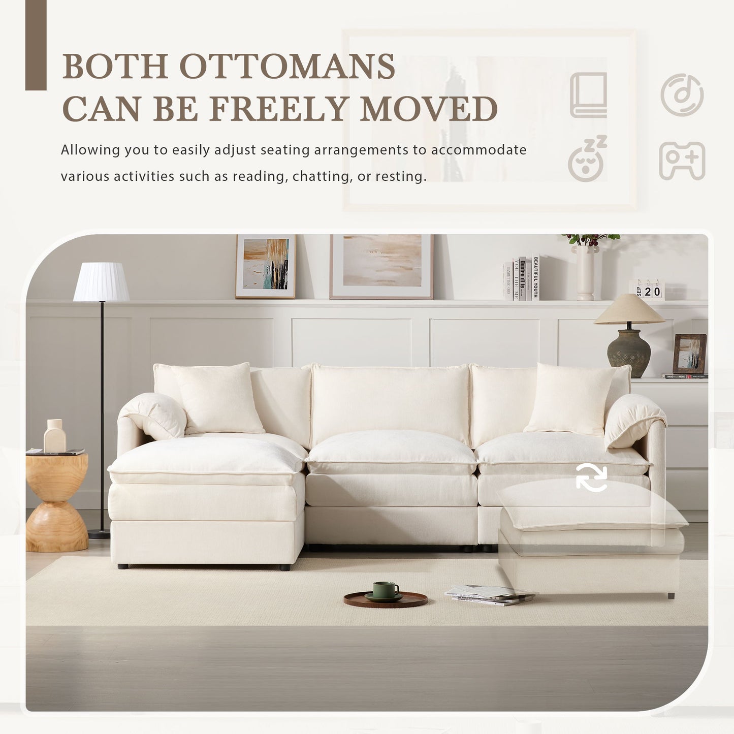 Modular Sectional With Deep And Wide Seat, L Shaped Cloud Couch Set With Double Cushions 4 Seat Sofa With Movable Ottoman Oversized - Cream