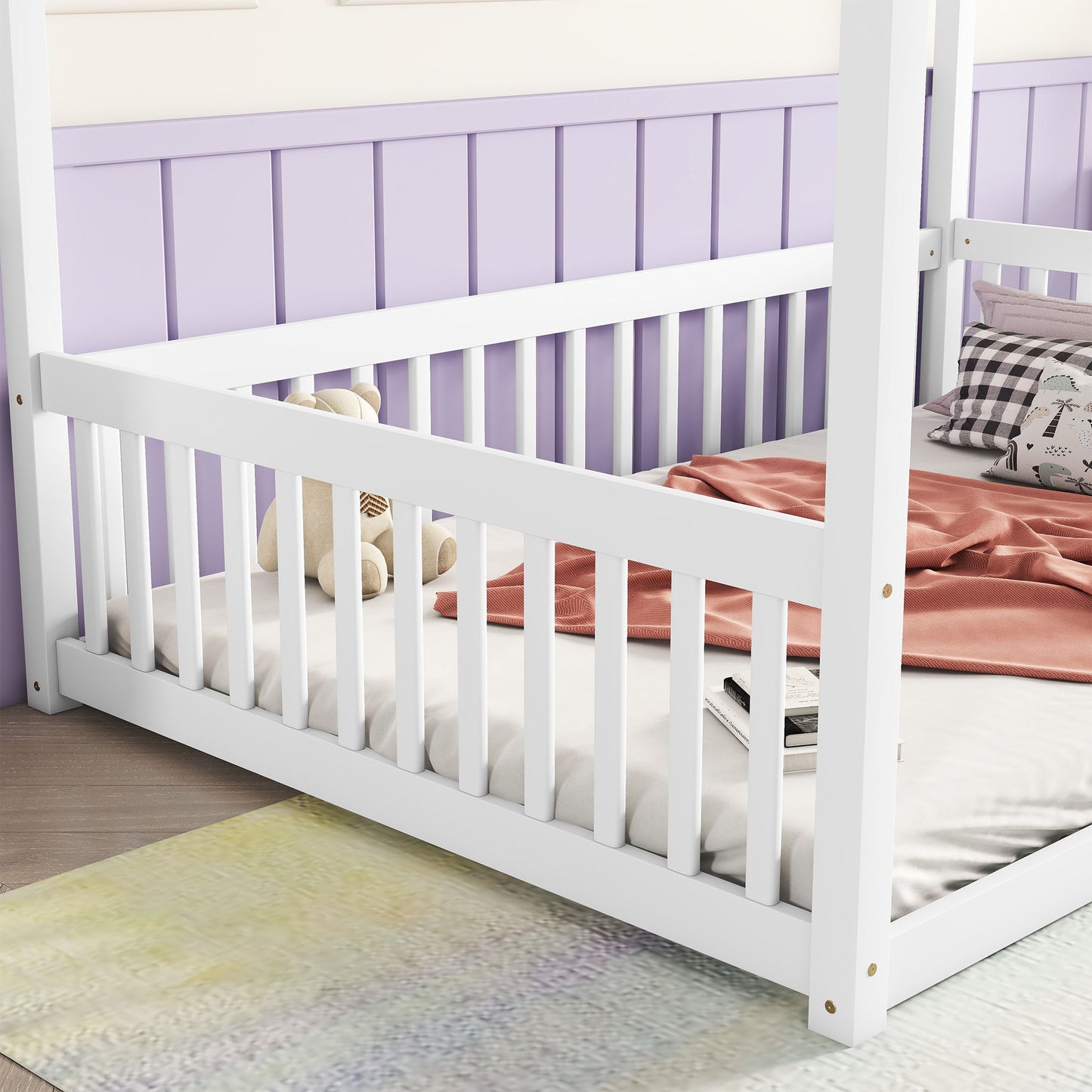 Full Size Canopy Frame Floor Bed With Fence, Guardrails - White