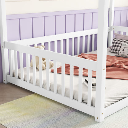 Full Size Canopy Frame Floor Bed With Fence, Guardrails - White